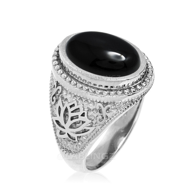 White Gold Lotus Yoga Mantra Black Onyx Statement Ring