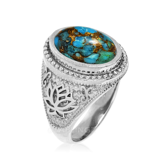 White Gold Lotus Yoga Mantra Blue Copper Turquoise Statement Ring