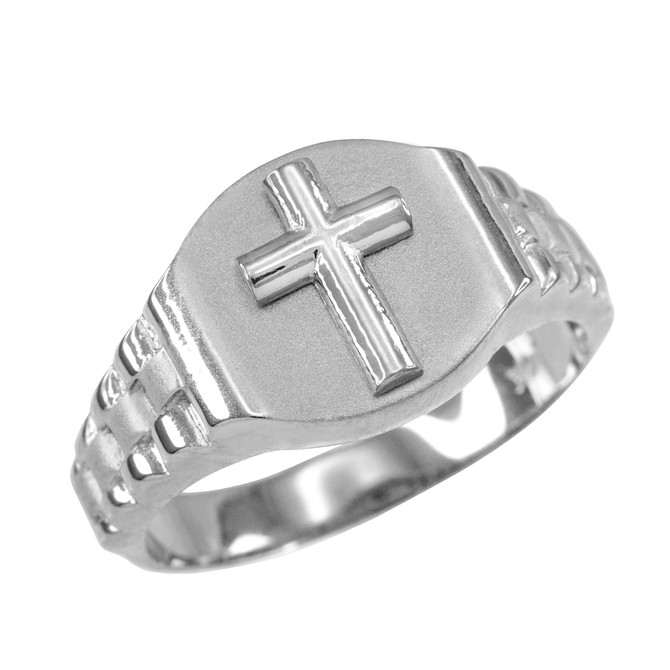 White Gold Christian Religious Cross Round Watchband Ring