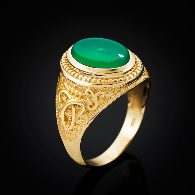 Yellow Gold Celtic Trinity Green Onyx Statement Ring