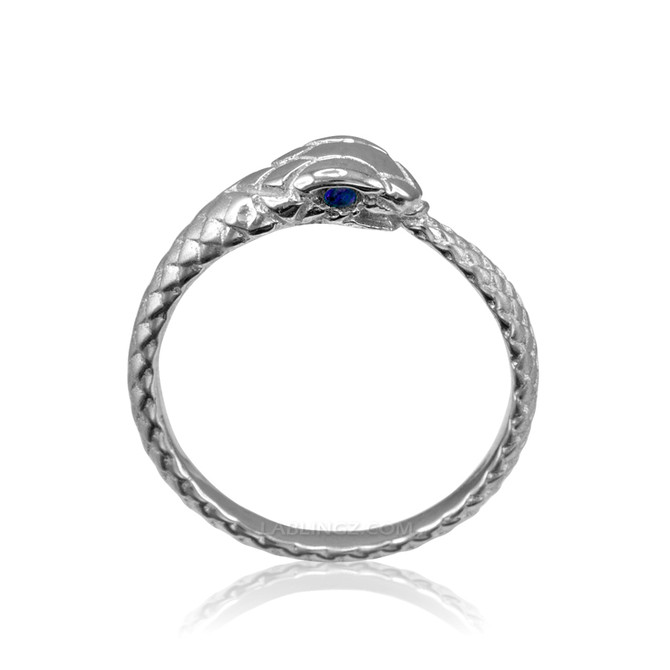 White Gold Ouroboros Snake Blue Sapphire Ring Band