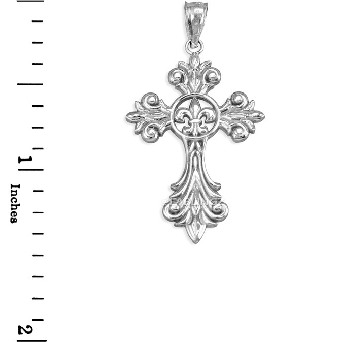 White Gold Fleur-de-Lis Cross Pendant Necklace