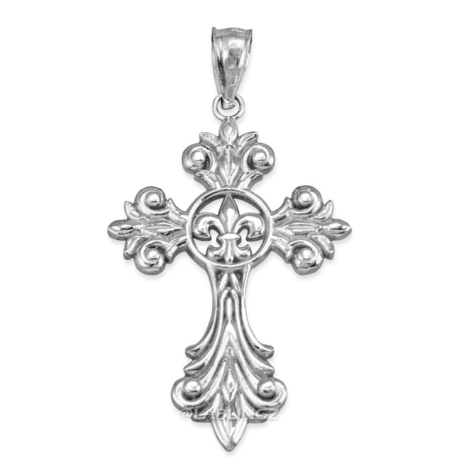 White Gold Fleur-de-Lis Cross Pendant Necklace