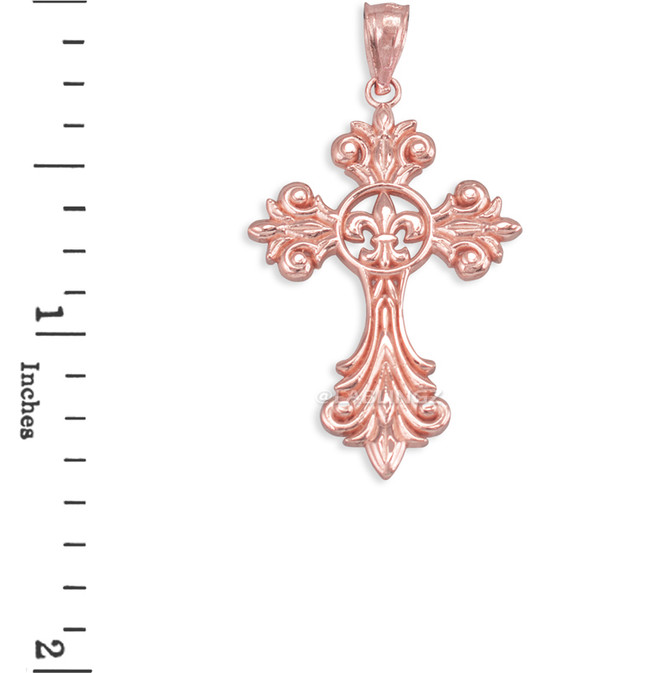 Rose Gold Fleur-de-Lis Cross Pendant Necklace