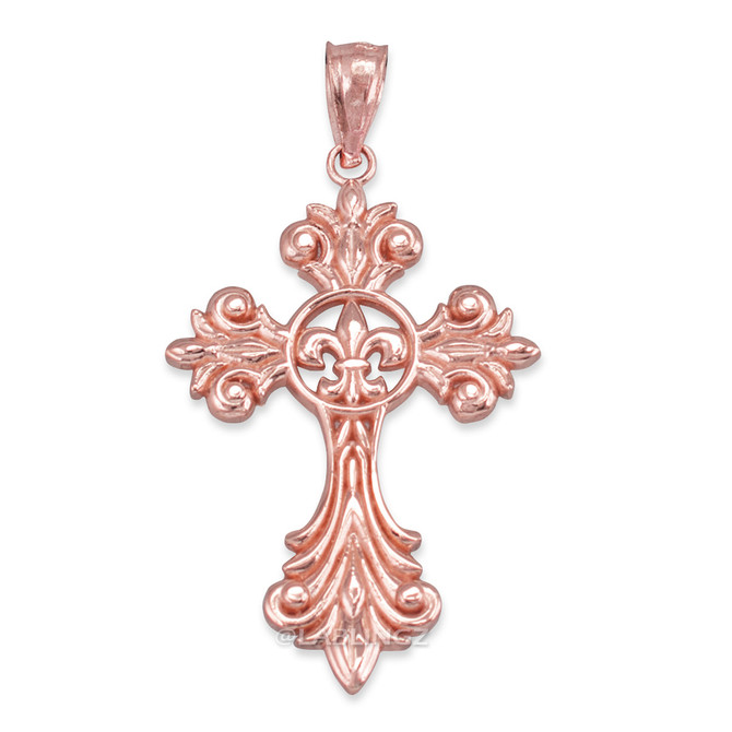 Rose Gold Fleur-de-Lis Cross Pendant Necklace