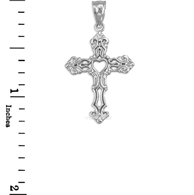 White Gold Open Heart Cross Charm Pendant Necklace