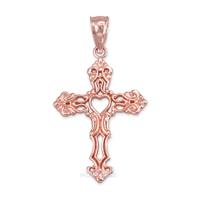 Rose Gold Open Heart Cross Charm Pendant Necklace