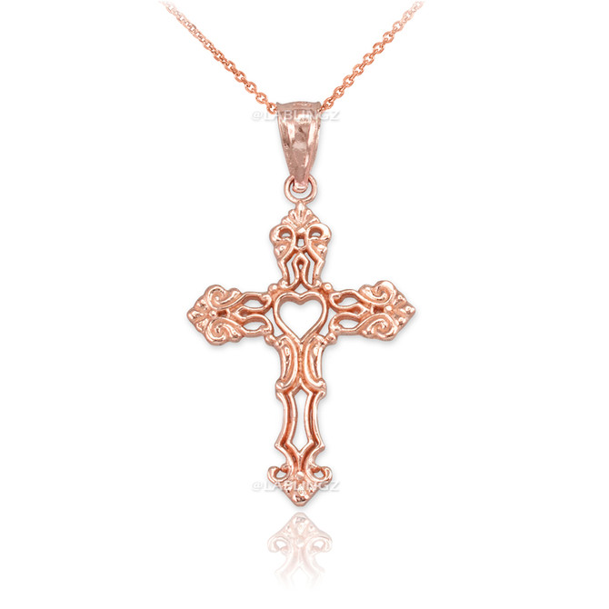 Rose Gold Open Heart Cross Charm Pendant Necklace
