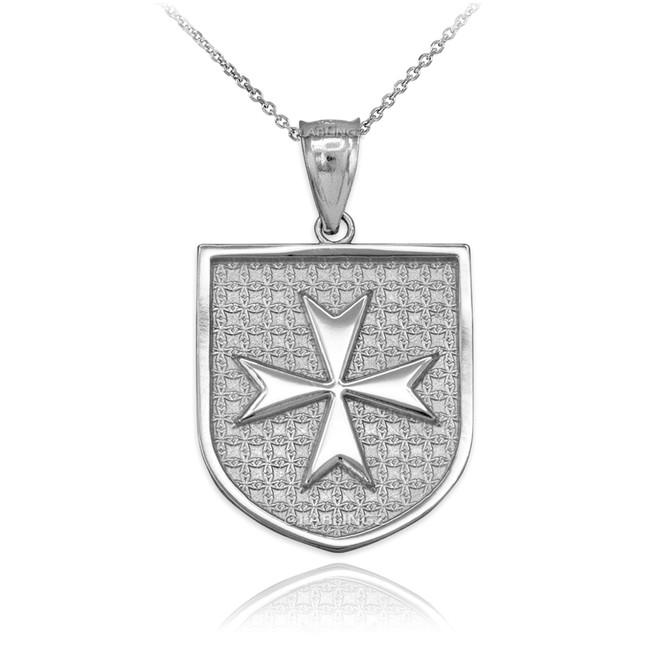 White Gold Knights Hospitaller Maltese Cross Badge Pendant Necklace