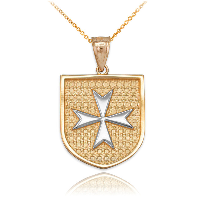 Two-Tone Gold Knights Hospitaller Maltese Cross Badge Pendant Necklace