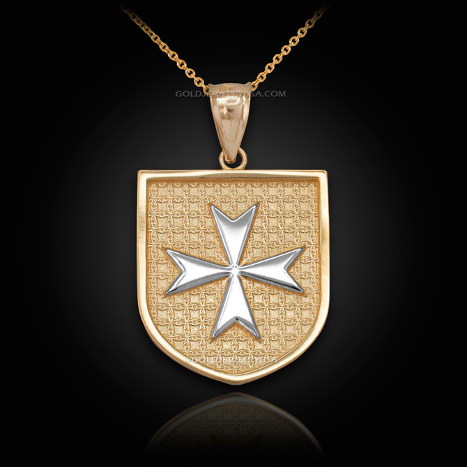 Two-Tone Gold Knights Hospitaller Maltese Cross Badge Pendant Necklace