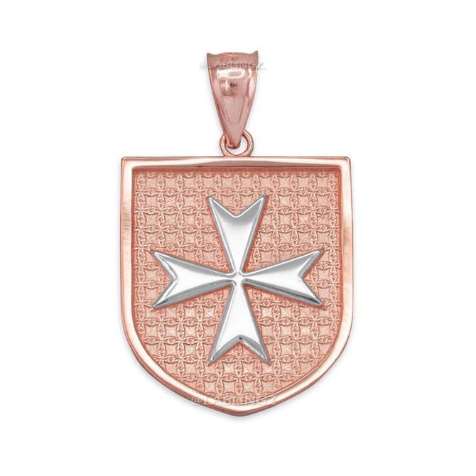 Two-Tone Rose Gold Knights Hospitaller Maltese Cross Badge Pendant Necklace