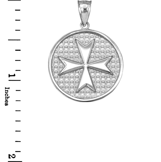 White Gold Knights Templar Maltese Cross Medallion Pendant Necklace