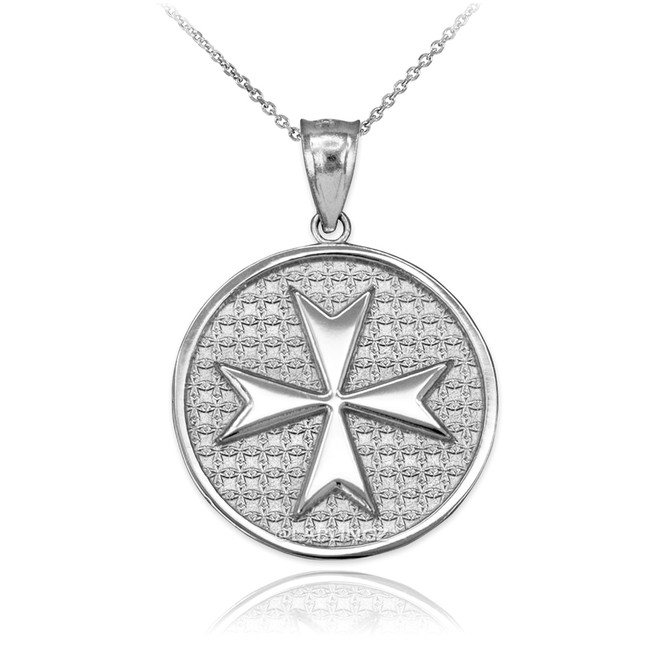 White Gold Knights Templar Maltese Cross Medallion Pendant Necklace