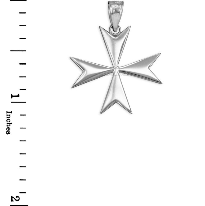 Polished White Gold Maltese Cross Pendant Necklace