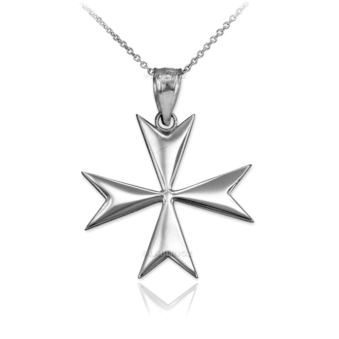 Polished White Gold Maltese Cross Pendant Necklace