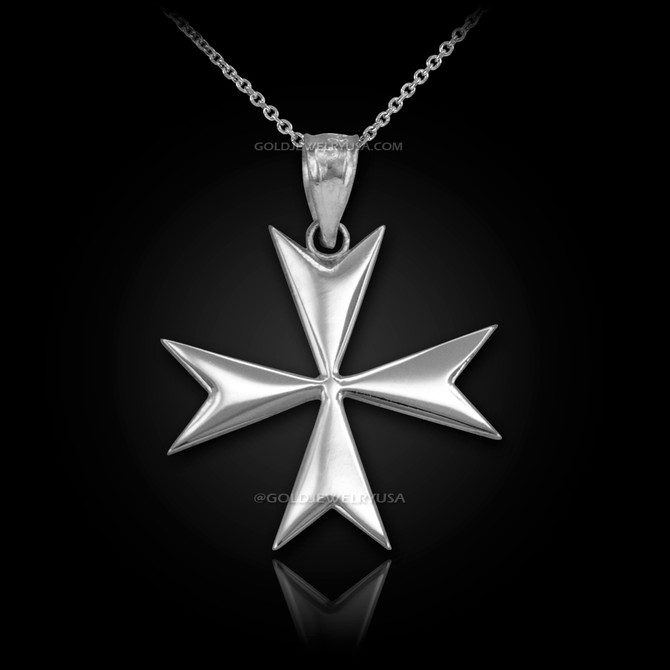 Polished White Gold Maltese Cross Pendant Necklace