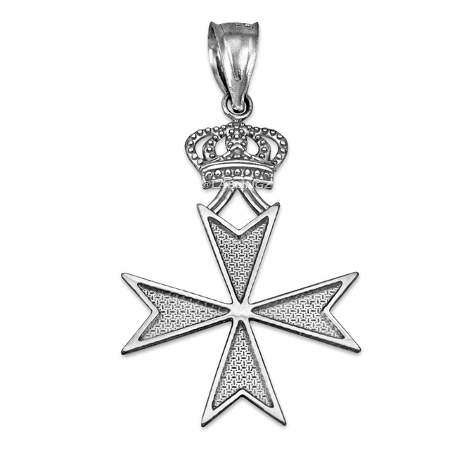 White Gold Maltese Cross Royal Crown Pendant Necklace