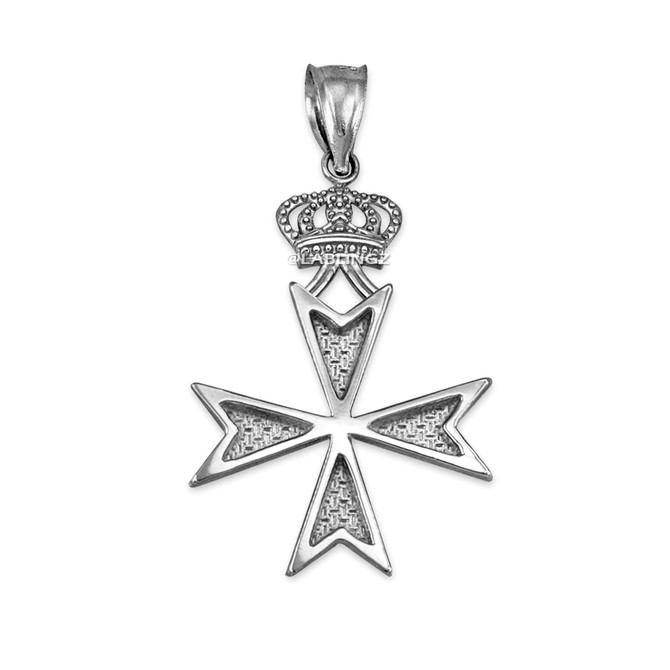 White Gold Maltese Cross Crown Charm Necklace
