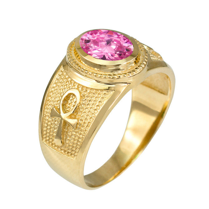 Gold Egyptian Ankh Cross Birthstone CZ Unisex Ring