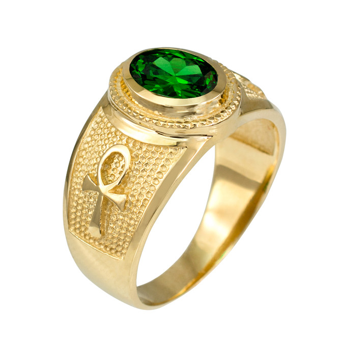 Gold Egyptian Ankh Cross Birthstone CZ Unisex Ring