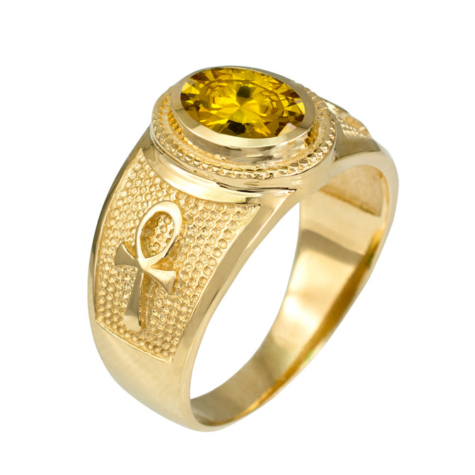 Gold Egyptian Ankh Cross Birthstone CZ Unisex Ring