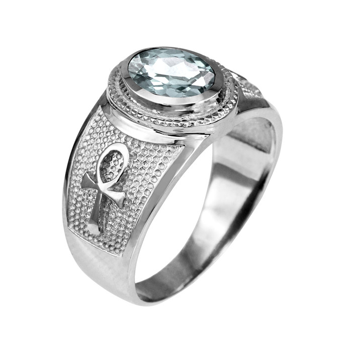 White Gold Egyptian Ankh Cross Birthstone CZ Unisex Ring