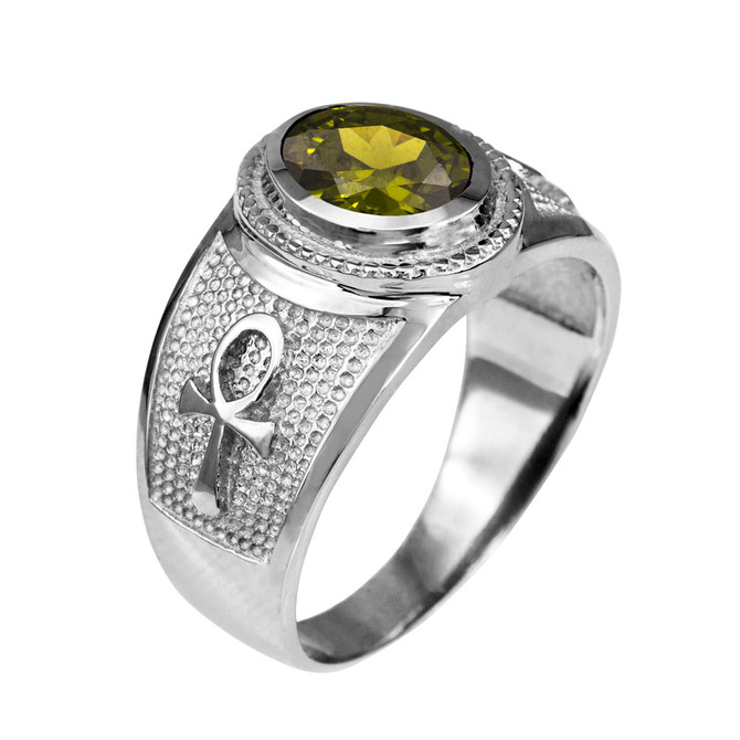 White Gold Egyptian Ankh Cross Birthstone CZ Unisex Ring
