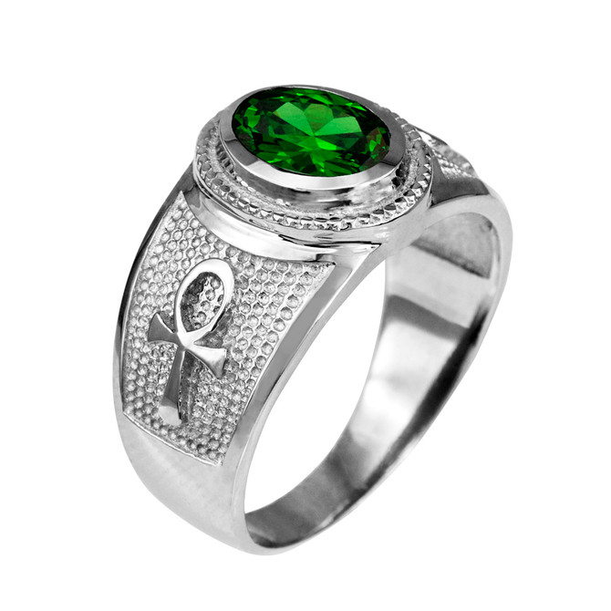 White Gold Egyptian Ankh Cross Birthstone CZ Unisex Ring