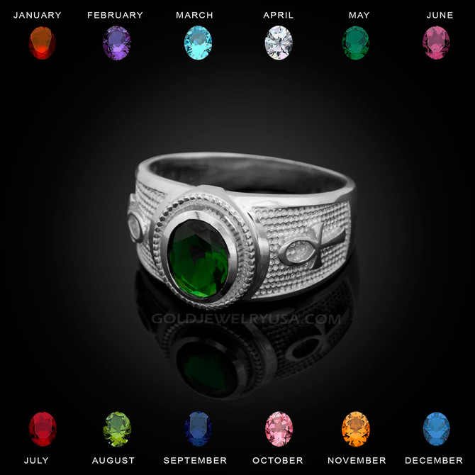 White Gold Egyptian Ankh Cross Birthstone CZ Unisex Ring