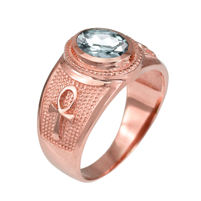 Rose Gold Egyptian Ankh Cross Birthstone CZ Unisex Ring