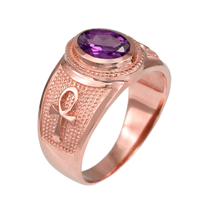 Rose Gold Egyptian Ankh Cross Birthstone CZ Unisex Ring