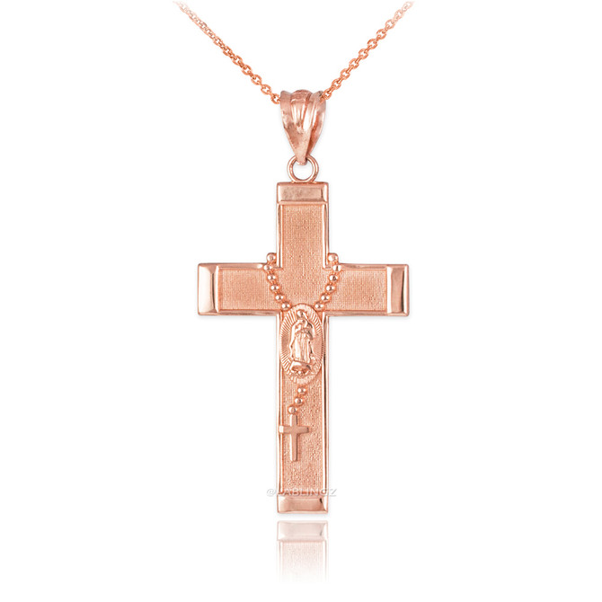 Rose Gold Guadalupe Latin Cross Rosary Pendant Necklace