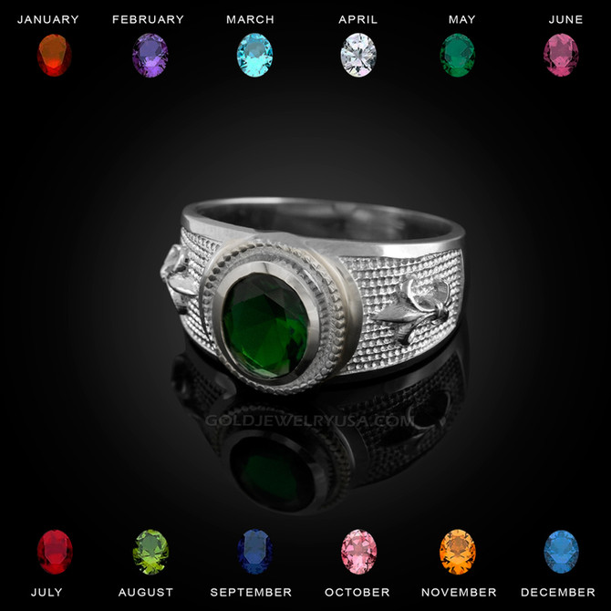 White Gold Fleur De Lis CZ Birthstone Ring