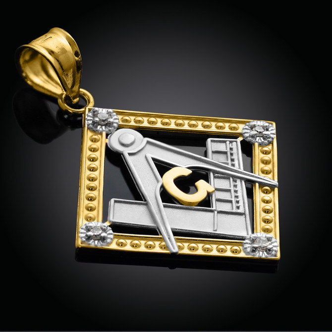 Two-Tone Gold Square Diamond Masonic Pendant