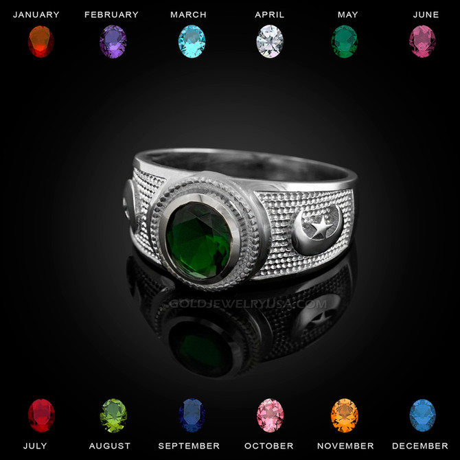 White Gold Islamic Crescent moon CZ Birthstone Ring