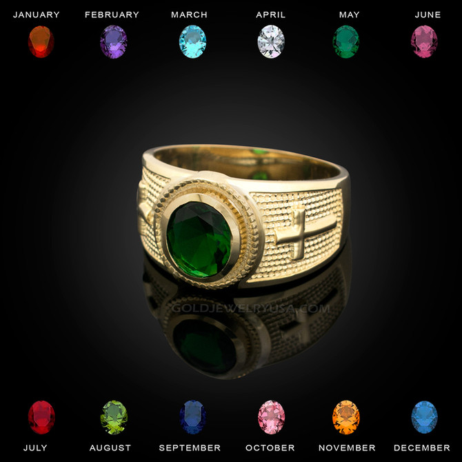 Yellow Gold Christian Cross CZ Birthstone Ring