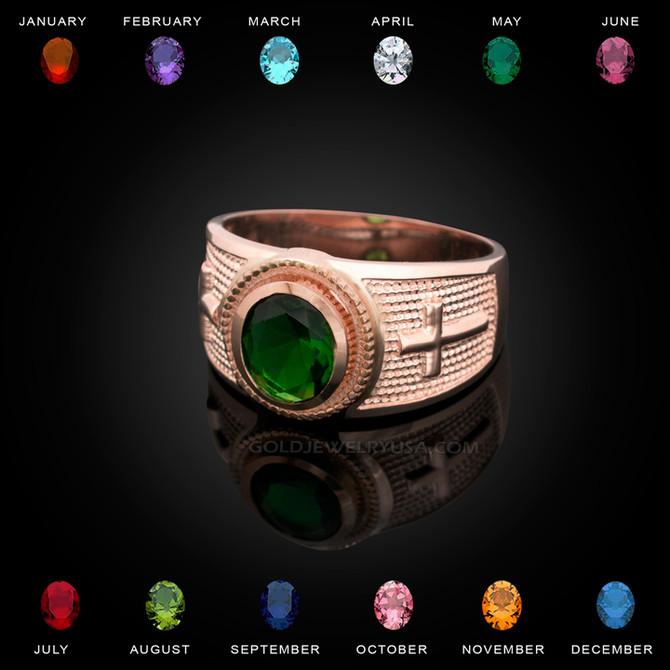 Rose Gold Christian Cross CZ Birthstone Ring