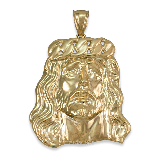 Yellow Gold Jesus Face Cuban Link Crown Pendant