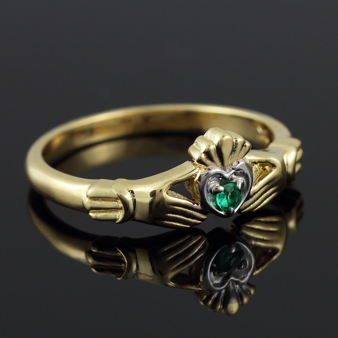 Dainty Gold Claddagh Promise Ring with Emerald