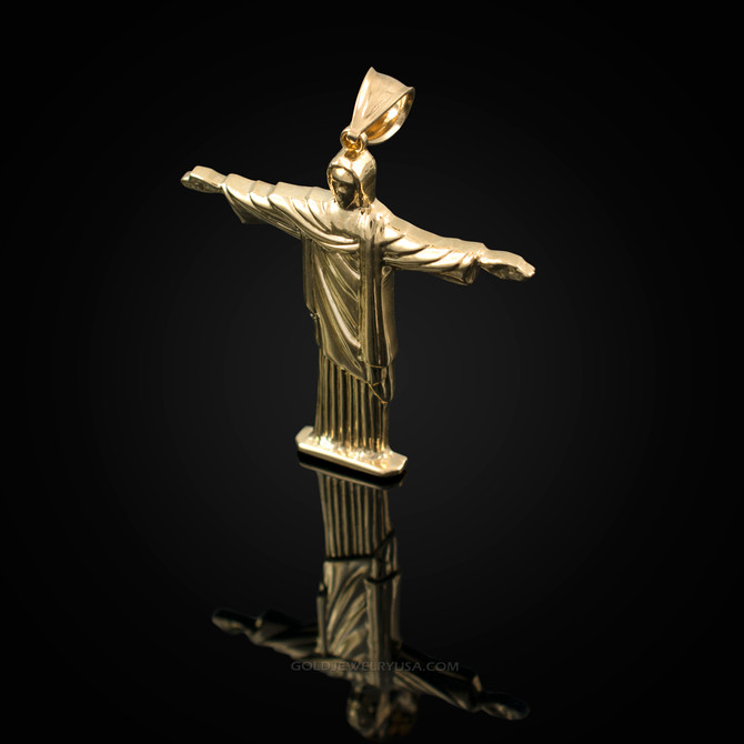 Polished Yellow Gold Jesus Christ The Redeemer Cross Brazil Rio Statue Pendant