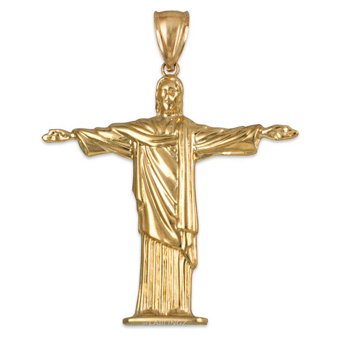 Polished Yellow Gold Jesus Christ The Redeemer Cross Brazil Rio Statue Pendant