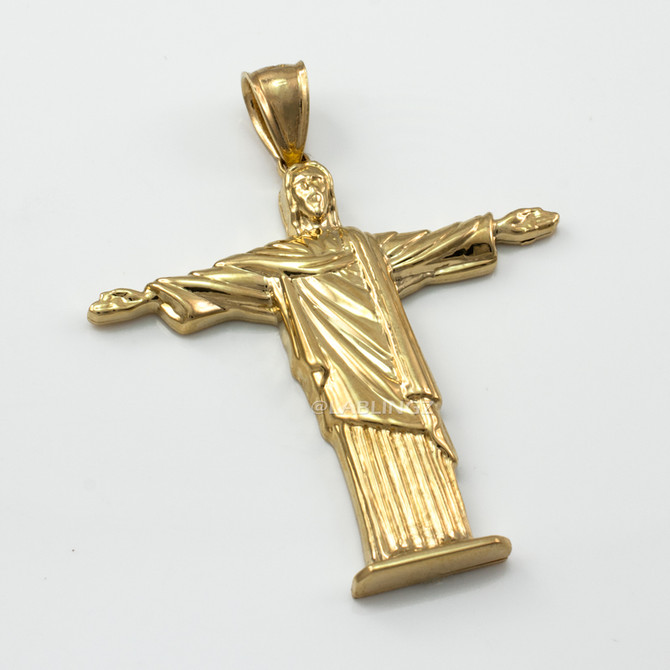 Polished Yellow Gold Jesus Christ The Redeemer Cross Brazil Rio Statue Pendant