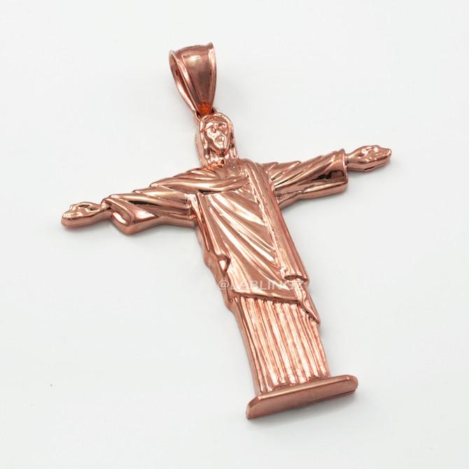 Polished Rose Gold Jesus Christ The Redeemer Cross Brazil Rio Statue Pendant