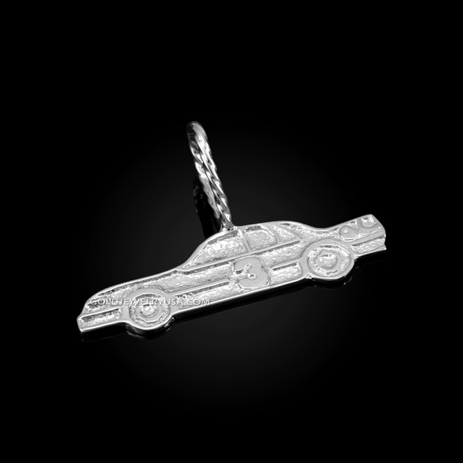 White Gold Textured Race Car #3 Charm Pendant