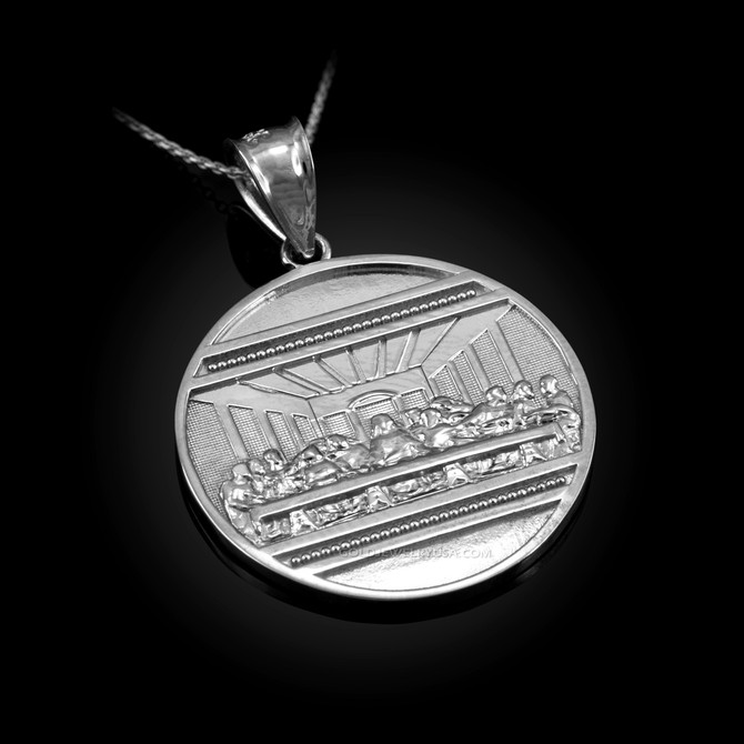 White Gold Last Supper Medallion Pendant Necklace