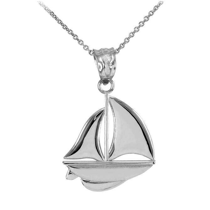 Polished White Gold Sail Boat Pendant Necklace