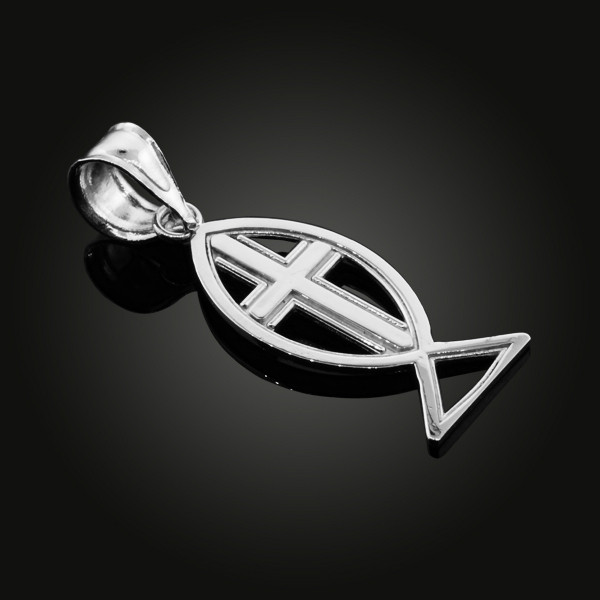 White Gold Ichthus Cross Pendant