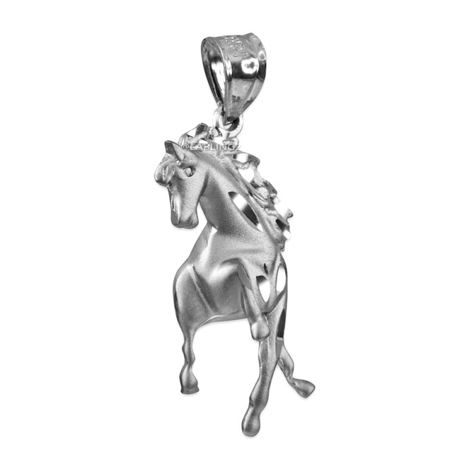 White Gold Stallion Horse Satin DC Pendant Necklace