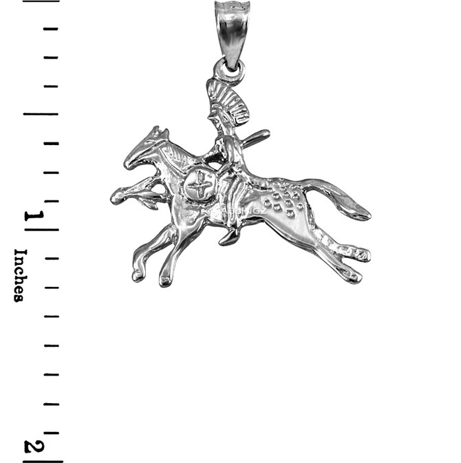 Solid White Gold Indian Chief Horse Rider Pendant Necklace